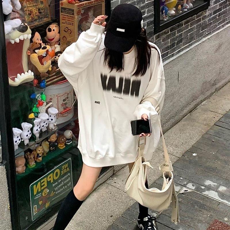 Retro Oversized Sweatshirt Women Letter Print Casual Loose Pullover Top