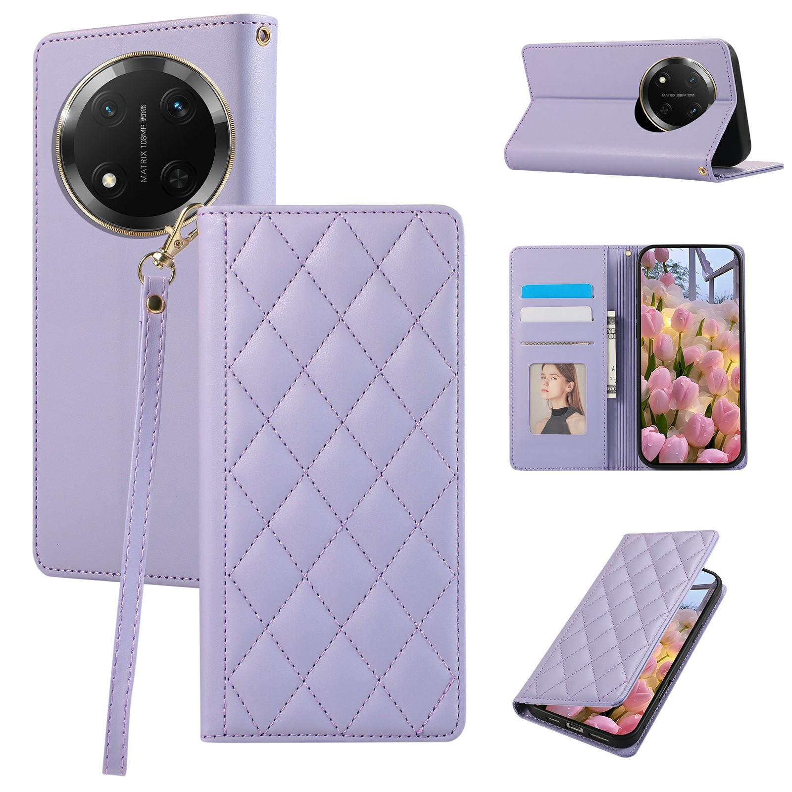 

Phone Case For Honor X60 Pro 5G/X9c 5G/Magic7 Lite 5G RFID Blocking Wallet Stand Rhombus Leather Cover with Wrist Strap Purple