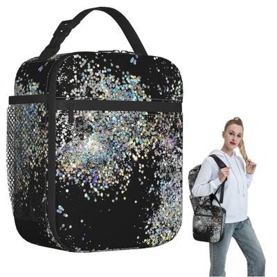 Schwarze und mehrfarbige Pailletten Fälschung Isolierte Lunchtasche für Damen Kinder Auslaufsichere Lebensmittelbehälter Thermische Lunchbox Tragetasche