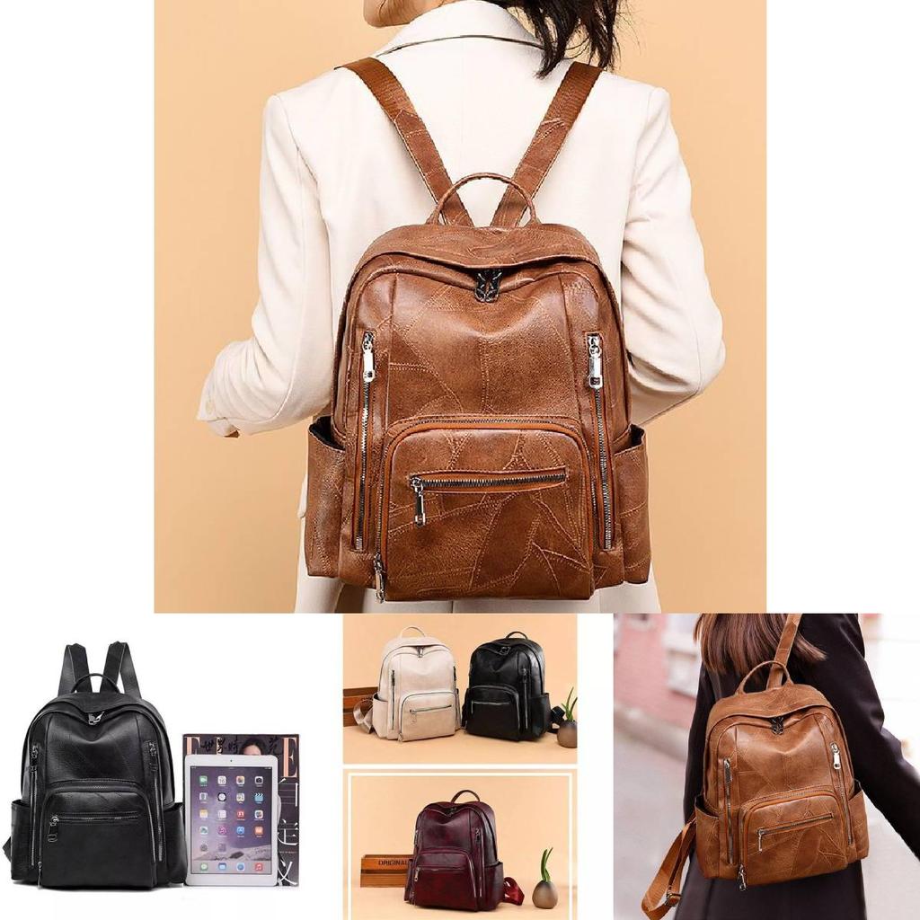 Stylish Pu Leather European Retro Casual Backpack For Women Soft Zipper Closure