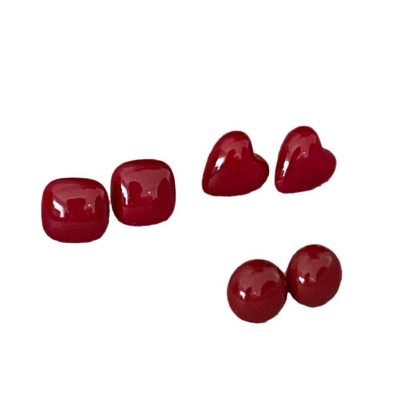 Wine Red Heart Square Round Stud Earrings Women Minimalist Winter Fashion Jewelry