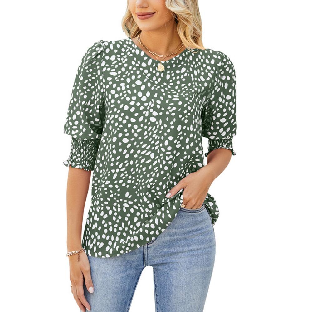 Summer New Loose Printed Short-sleeved Round Neck Chiffon Shirt for Women