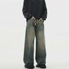 "Autumn Retro Men's Yellow Mud-Dyed Wide-Leg Jeans: American Brand, Loose Fit, Washed & Distressed."