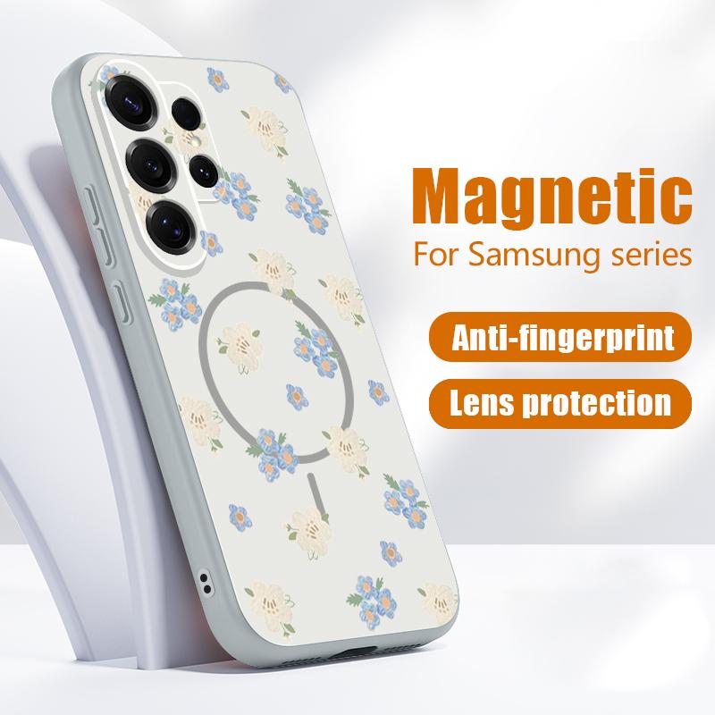 Magnetic For Magsafe Case For Samsung Galaxy S26 Ultra S25 Edge S24 Plus S23 FE S22 A54 A55 A56 5G Blue Flowers Pattern Matte Cover
