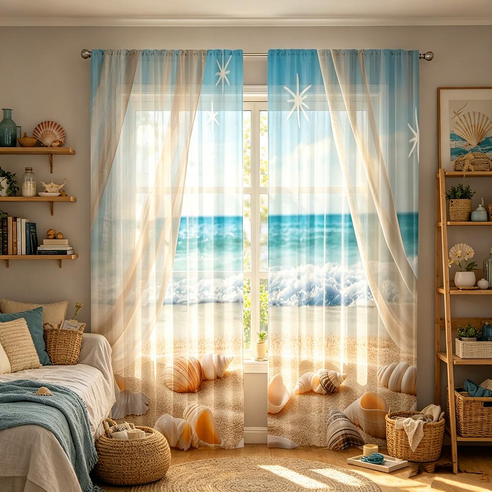 Digital Printed Curtains with Seashell Beach Design, Stylish Window Drapes for Living Room Bedroom Home Decoration