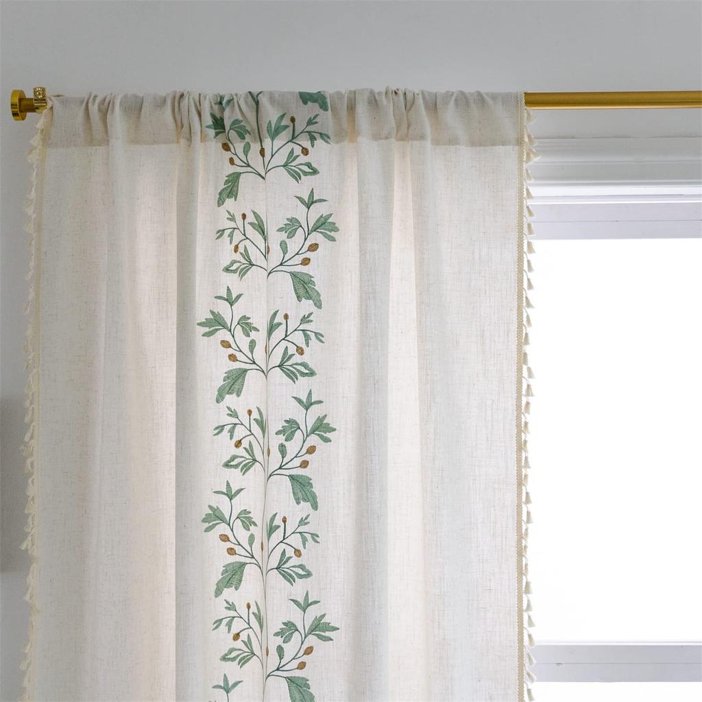 Floral Embroidered Curtains,Semi Sheer Tassels Linen Drapes for Living Room,Boho Light Filtering Cottage Curtain with Rod Pocket