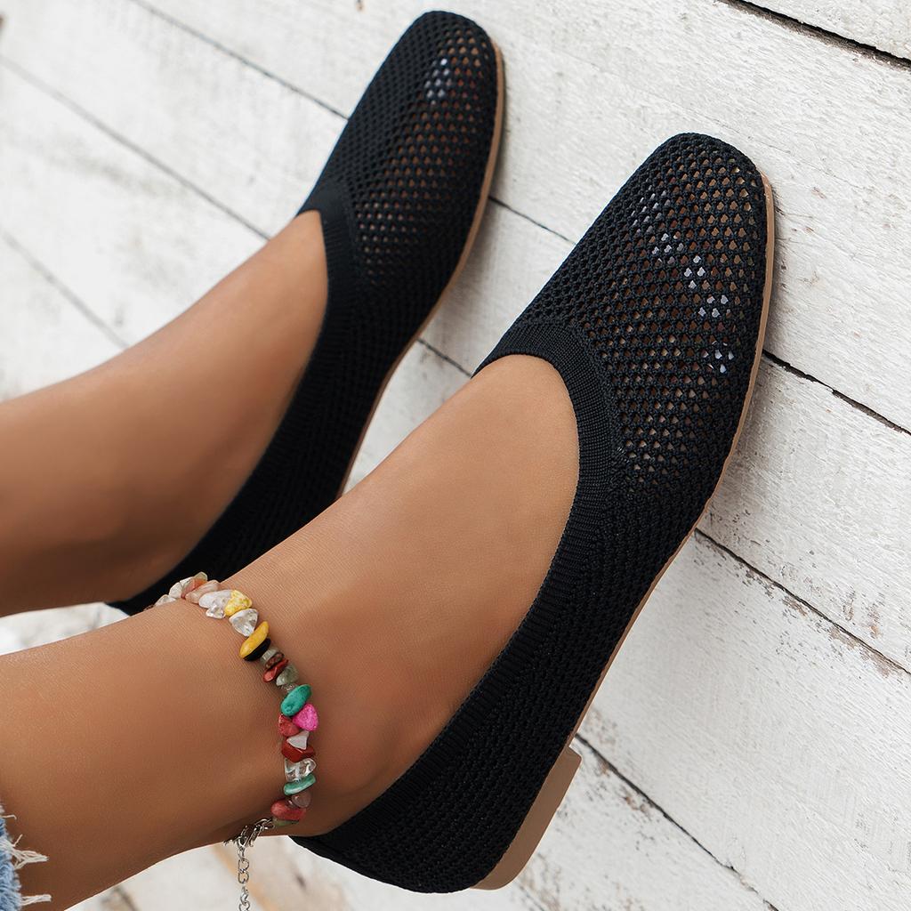 New Fashion Square Knit Breathable Flat Sole Single Shoes Solid Light Mesh Fly Knit Lazy Work Shoes Flat Shoes