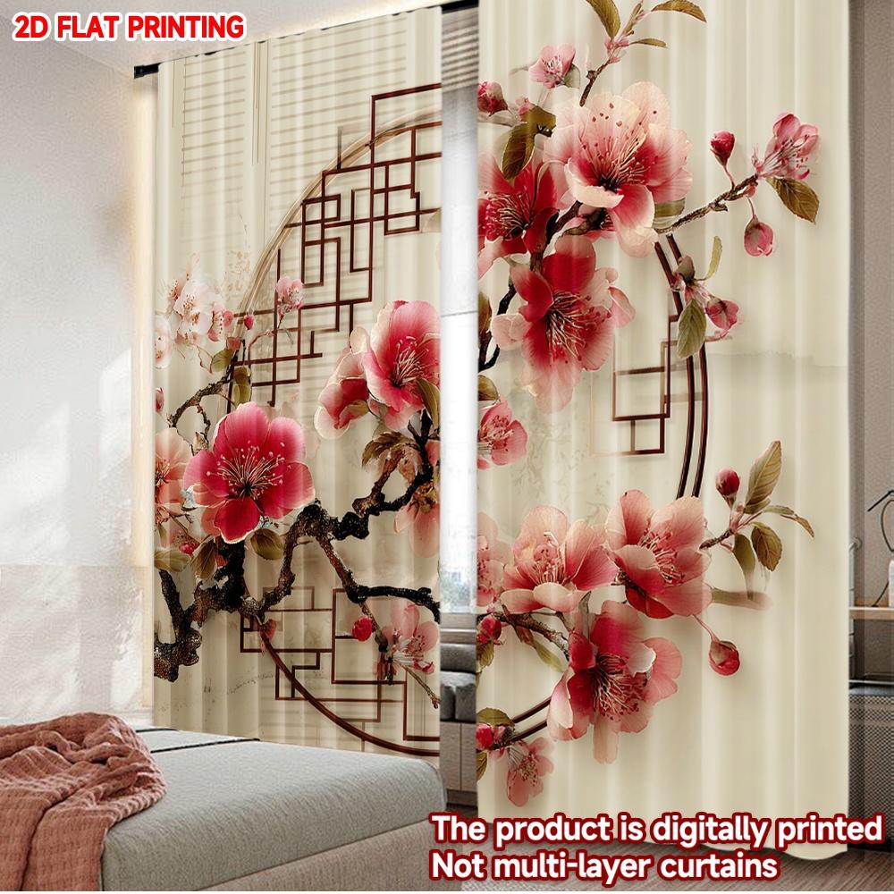 2pcs Red Floral Chinese Lattice Curtains    Classic Oriental Pattern with Blossoms Branches for Asian Style Bedroom 100*130 Grommet Top 1pcs