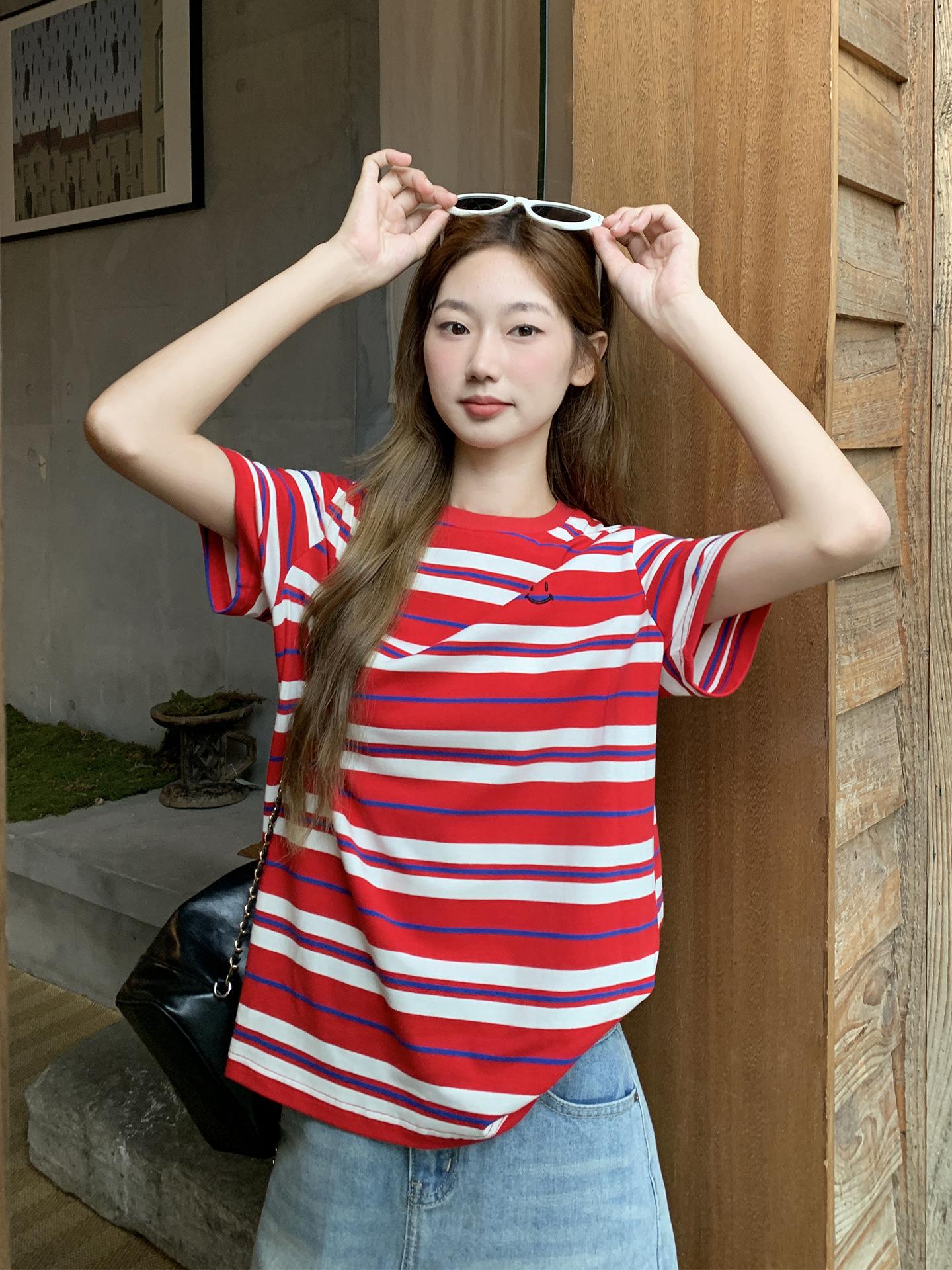 Red Striped American Retro Short Sleeve T-Shirt Women s New Summer Loose Casual Front Shoulder Embroidered Top S