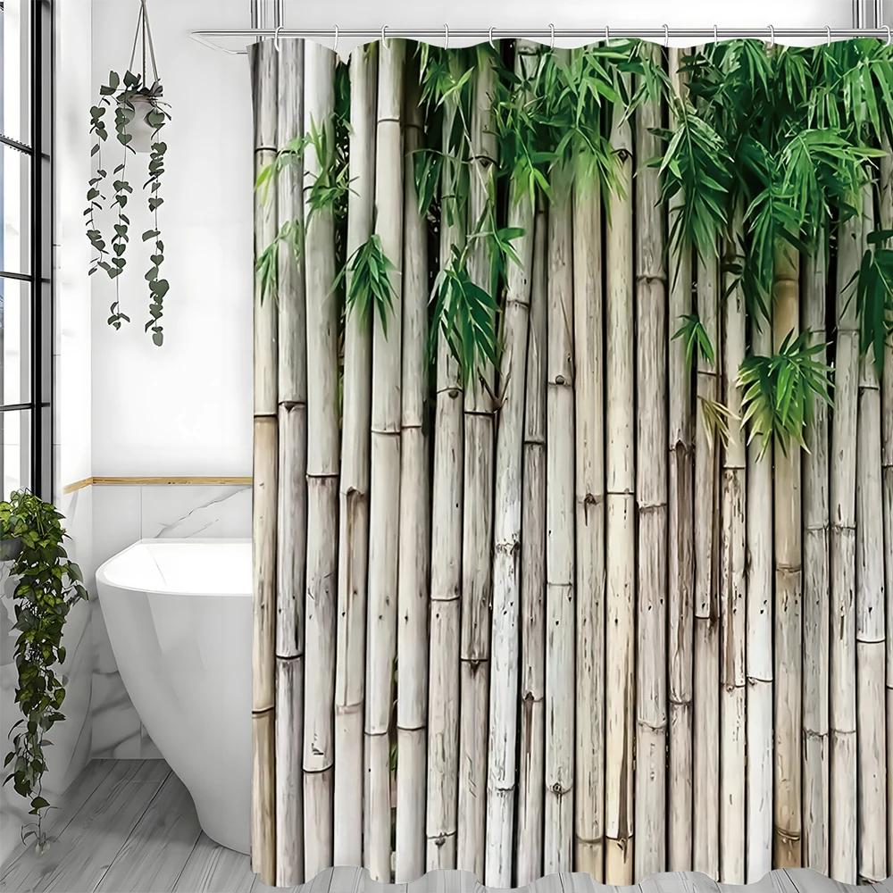 Soothing Bamboo Forest Shower Curtain for a Zen Bathroom, Featuring Realistic Bamboo Stalks and Leaves On a Neutral