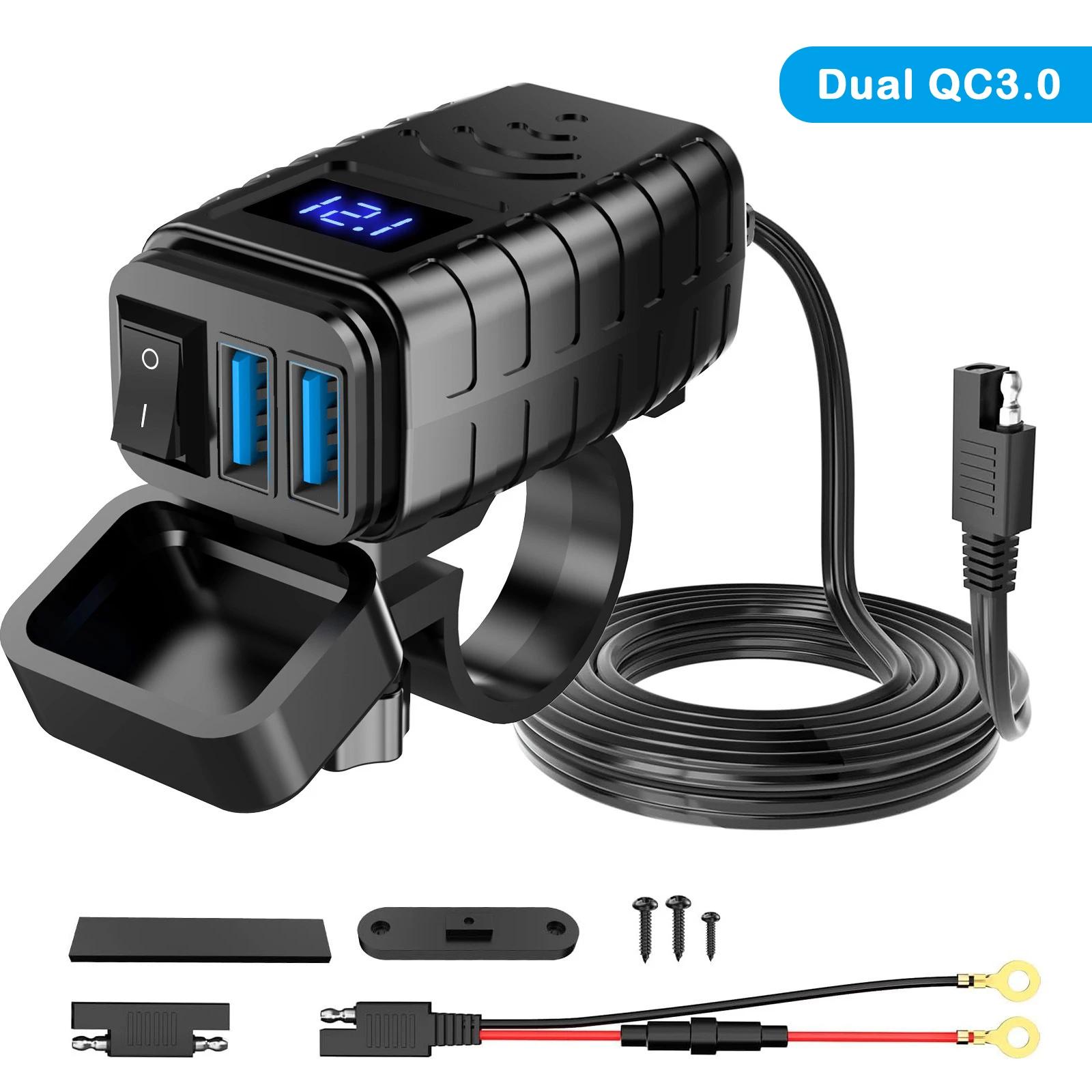 

12V Двойное QC3.0 Мотоциклетное USB Быстрое Зарядное Устройство для Телефона Водонепроницаемый USB Порт Розетка Разъем с Цифровым Вольтметром Мото Аксессуары
