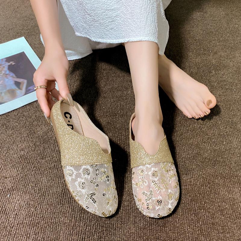 Fashion Spring New Baotou Slippers Women's Fashion Round Head Deep Mouth Splicing Sequin Cloth Soft Soled Non-slip Flat Shoes