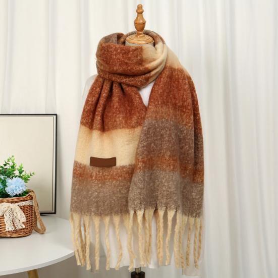 Women's Mohair Winter Scarf Cashmere Feel Tassel Scarf Colorful Striped Long Scarf Winter Shawls Wraps for Cold Weather