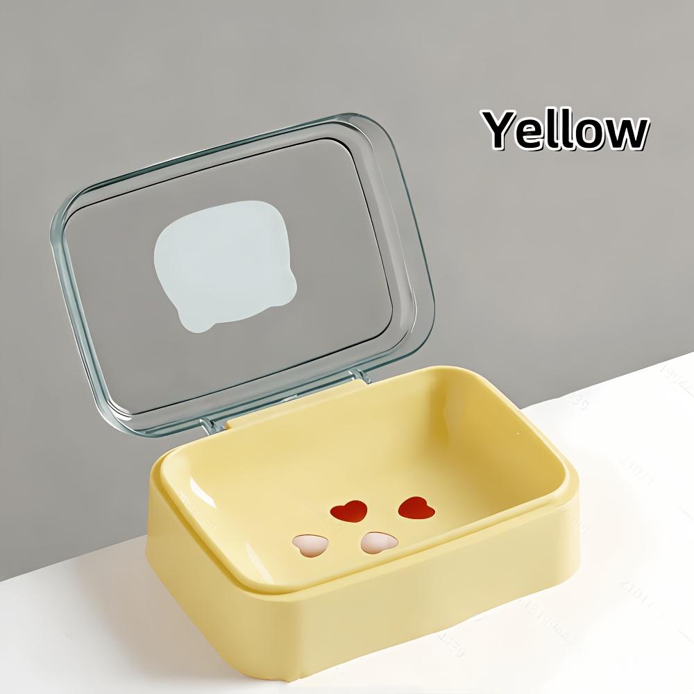 Rectangular Plastic Soap Dish with Flip-Top - Creative Drainage Holder for Bathroom Countertop, Bear-Shaped Soap Storage Box жёлтый