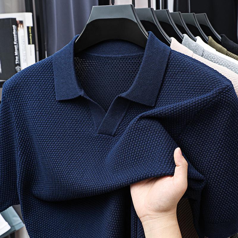 

Мужское летнее поло с V-образным вырезом 2025 - Повседневная футболка с коротким рукавом из чистого хлопка с ананасовой текстурой XXXXL