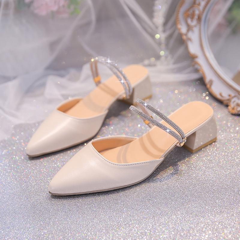 

2025 new bag head slippers fairy pointed rhinestone low heel two wear sandals small fresh and versatile outer wear women s shoes 40 бежевый