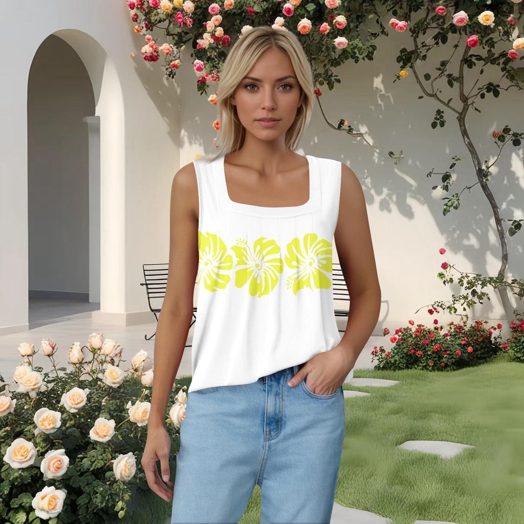 Women's Pleated Square Collar Sleeveless Vest Print T-shirt