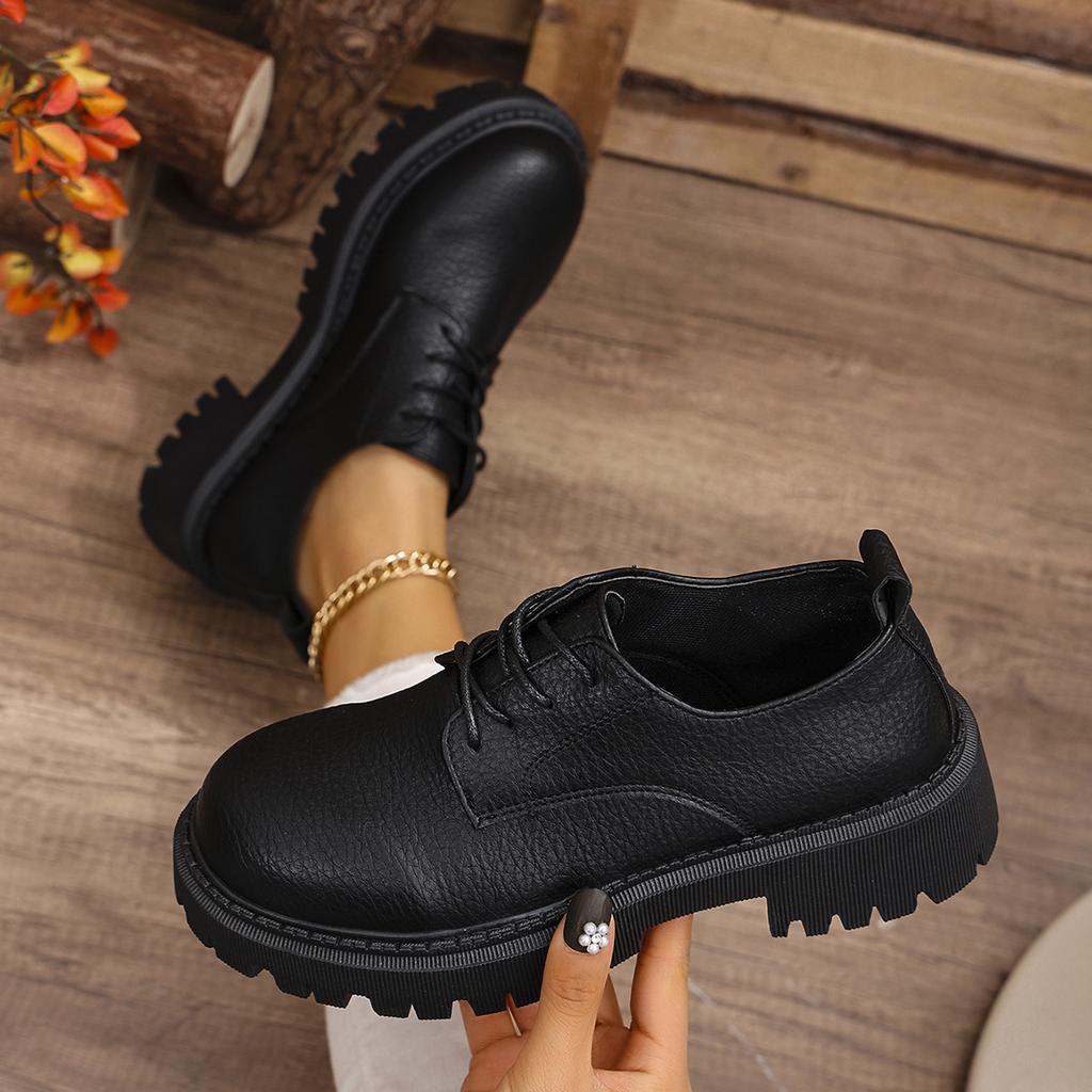 New British style thick heel small leather shoes spring platform sole lace-up casual thin single shoes