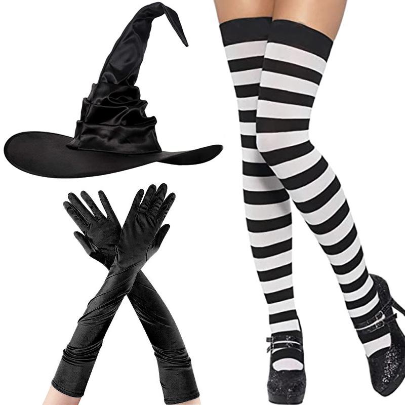 

Halloween Witch Hat Cosplay Costume Black Folds Wizard Hat Striped Socks Long Gloves Set Headgear Decor Props For Adult New One size fits all