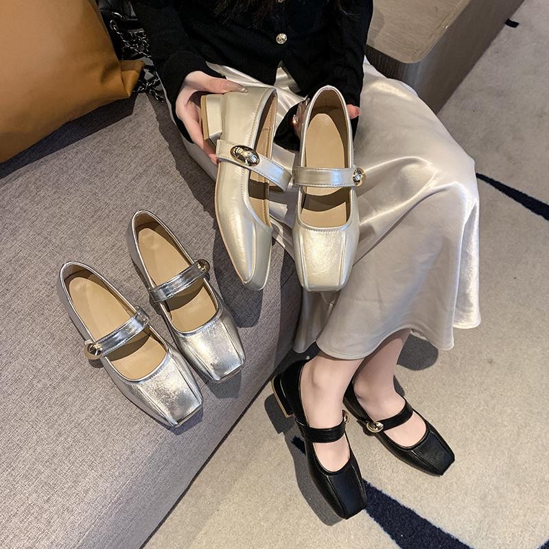 Low Heel Single Shoes Fashion Square Toe Shallow Mouth Pleated Metal Buckle One Strap Soft Sole Non-Slip Block Heel Shoes
