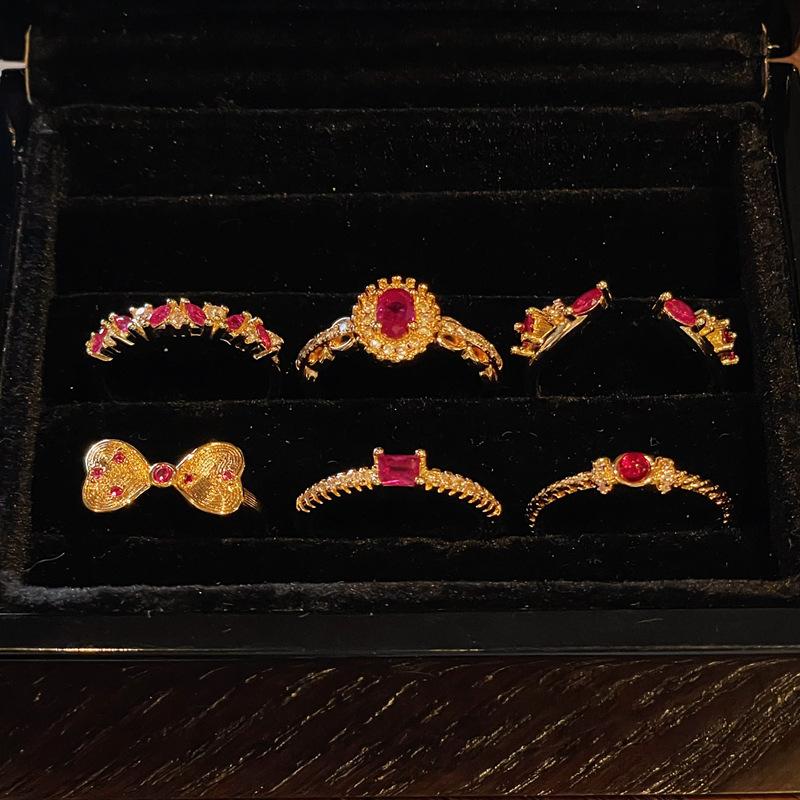 Medieval Retro Fashion Gold Open Ring Niche Red Zircon Personality Light Luxury High-End Accessories Women