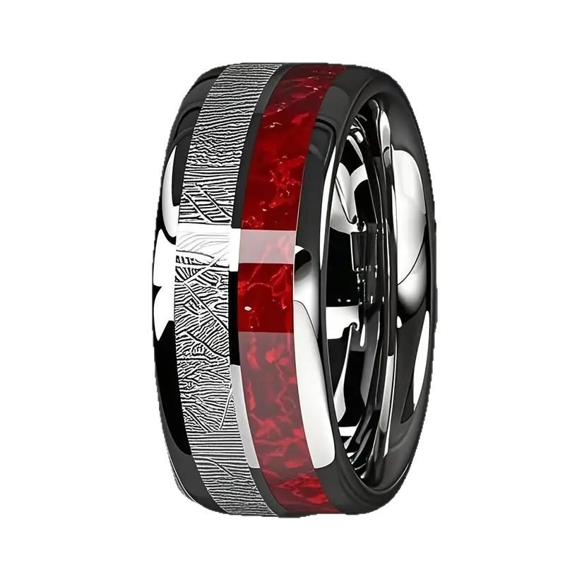 Two-Tone Stainless Steel Ring: Silver & Red Textured Minimalist Design