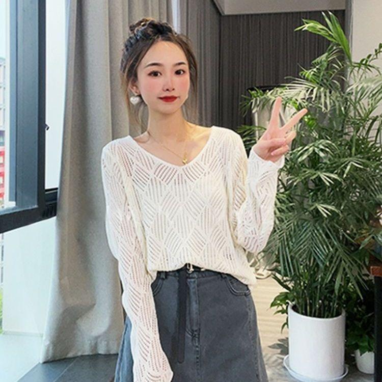 Spring and Summer Women's Hollow V-neck Knitted Shirt Long Sleeved Loose Slimming Cover Shirt for Women