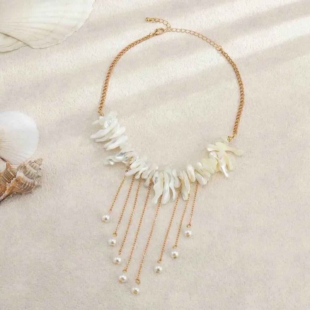 IngeSight.Z Temperament Irregular Scallop Imitation Pearl Tassel Pendant Necklace Women Boho Luxury Clavicle Chain Jewelry 2026