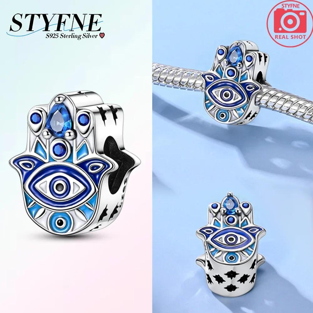 Original 925 Silver Blue Heart Demon Eye Pendant Fatima Hand Charm Bead Bracelet Women Jewelry Religion Gift