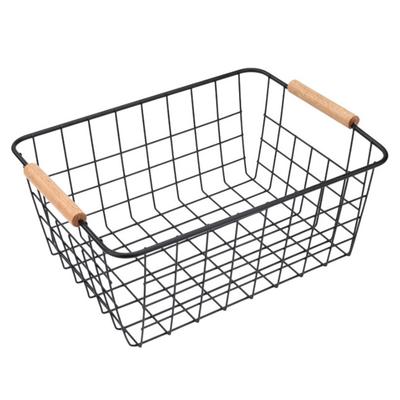 Metal Desktop Storage Basket White Black Rectangle Iron Wired Basket Large Capacity with Wood Handle Sundries Container