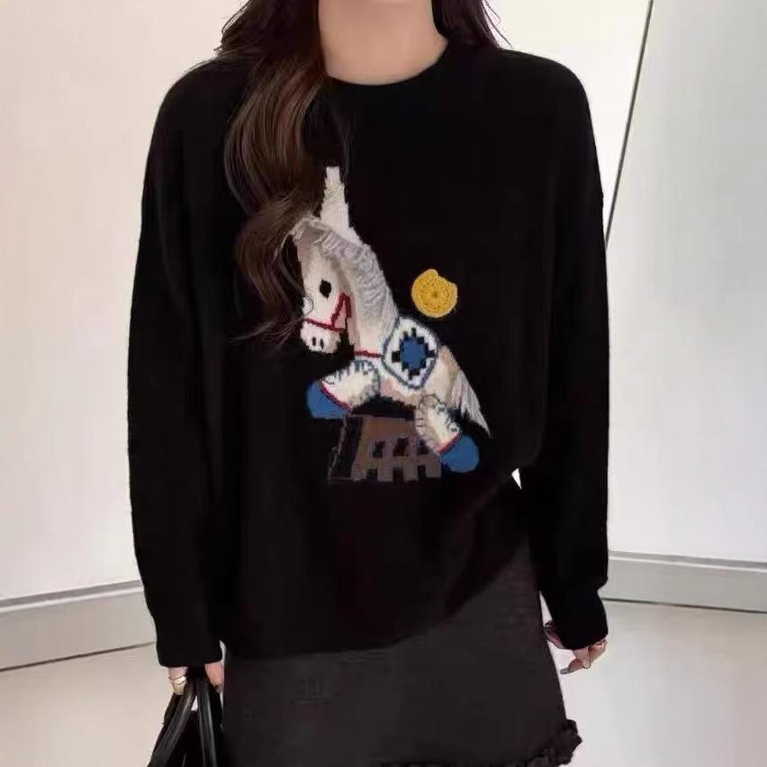 Women's Red Embroidered Horse Sweater - Round Neck, Soft Winter Knit, New 2026 Style