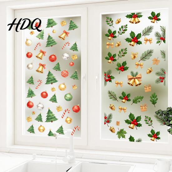 Window Decoration Decal Christmas Static Cling Xmas Tree Snowman Santa Hat Bell Reusable Cling Glass Sticker Removable for Holiday Party Sticker