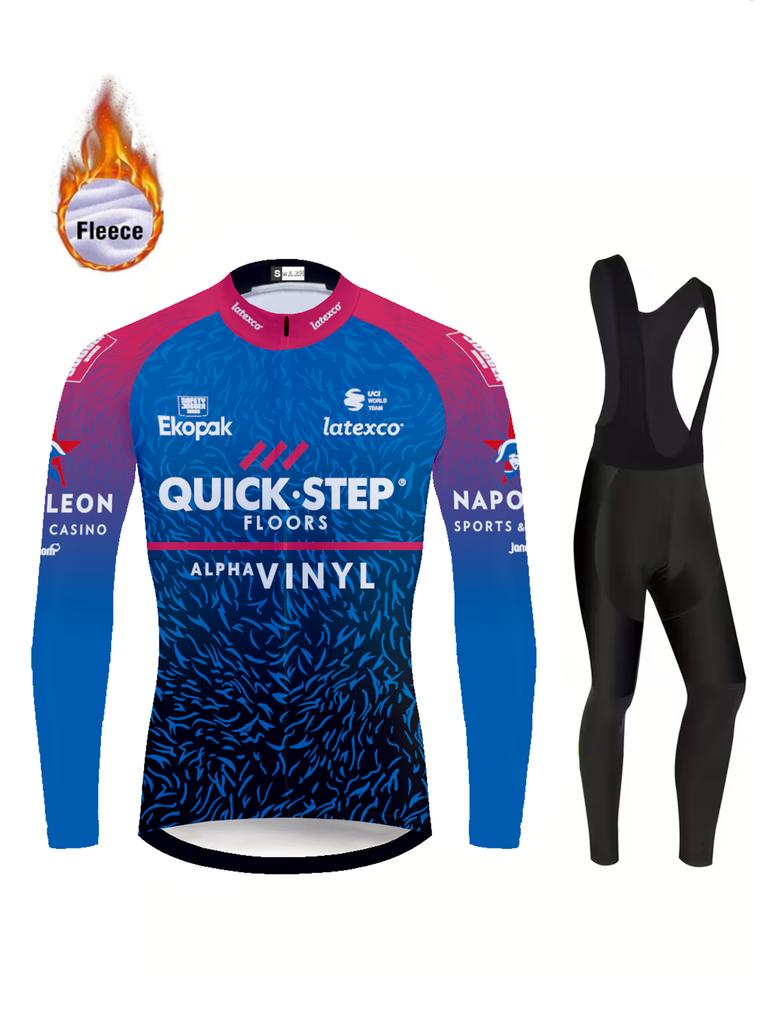 Men Winter Cycling Jersey Sets Thermal Fleece Bike Jersey + Bib Pants, Long Sleeve Cycling Clothing Sets for Man