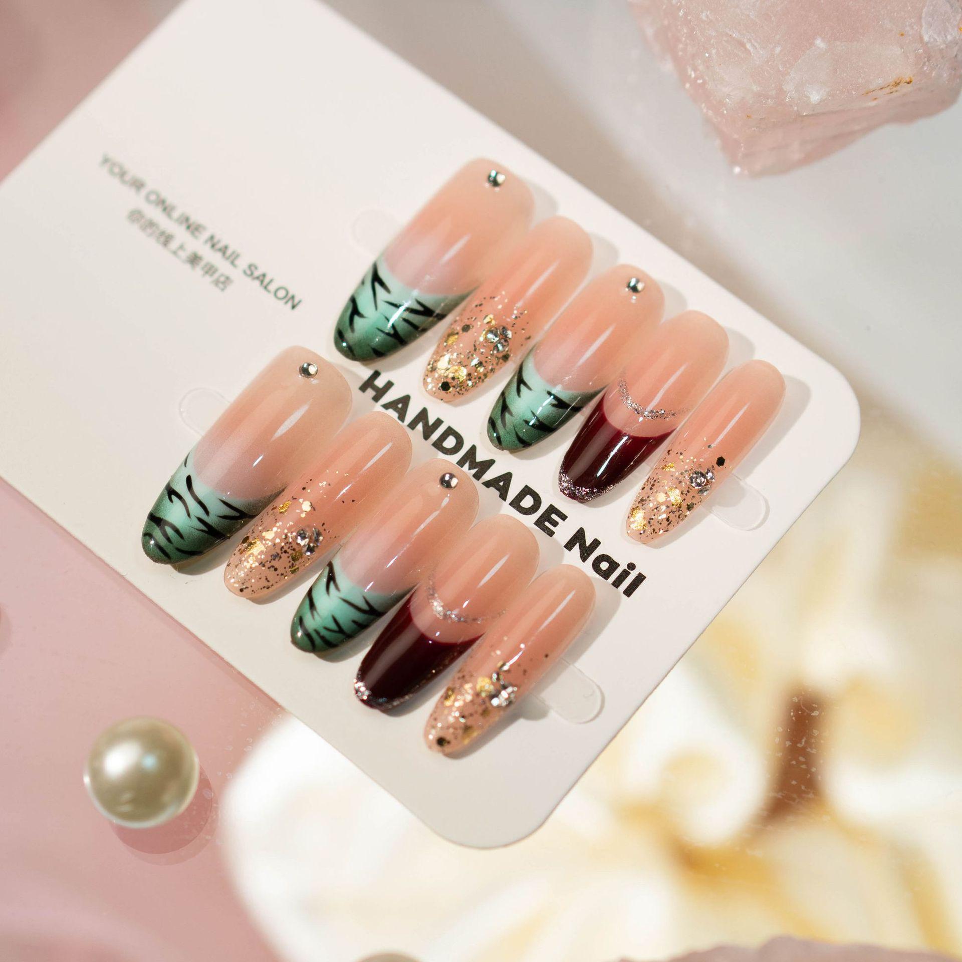 Medium-Length Handmade Nude Gradient French Press-On Nails with Gold Foil, Skin-Brightening, Personalized Style