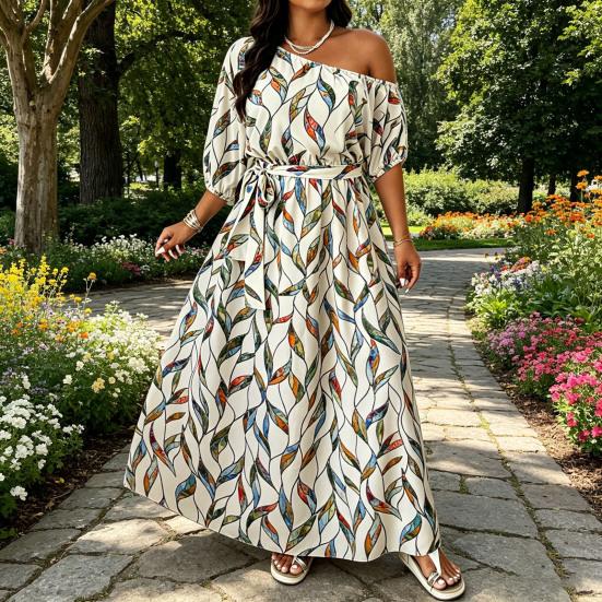 Damen Floral Ein Schulter Maxikleid Kurzarm A-Linie Schwingend Langes Kleid Formell Abendparty Hochzeitsgast Kleid mit