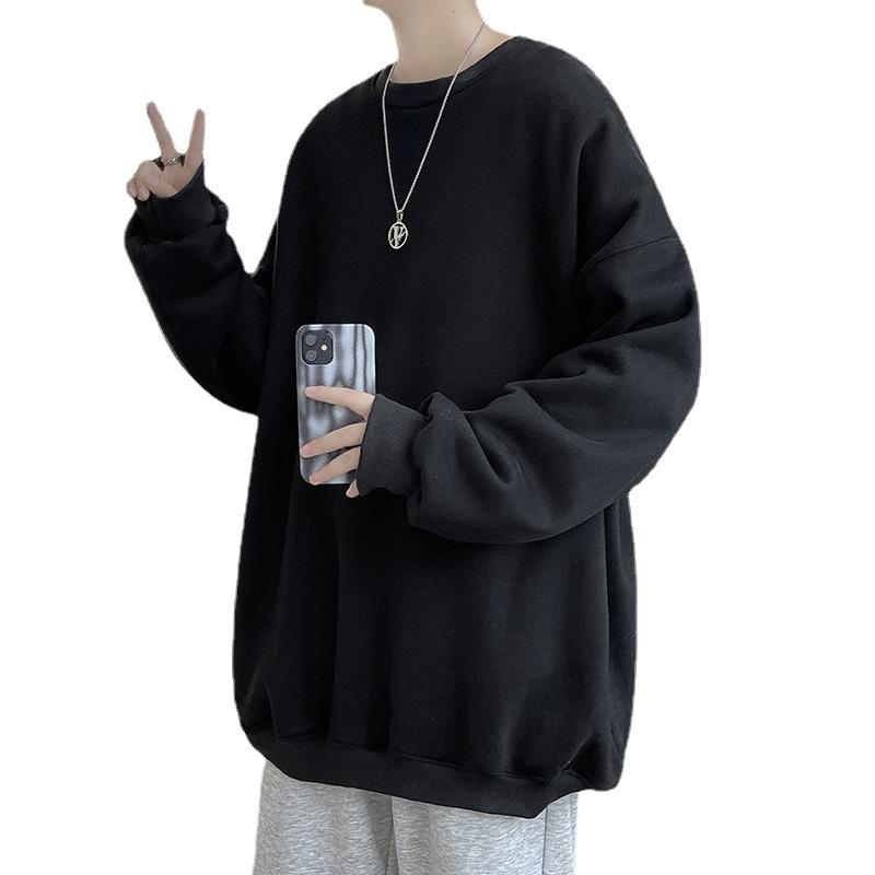 Men's Sweatshirt Spring and Autumn Loose Casual Chinese Cotton Round Neck Sweatshirt Men's Pullover Long-sleeved Solid Color Bottoming Shirt
