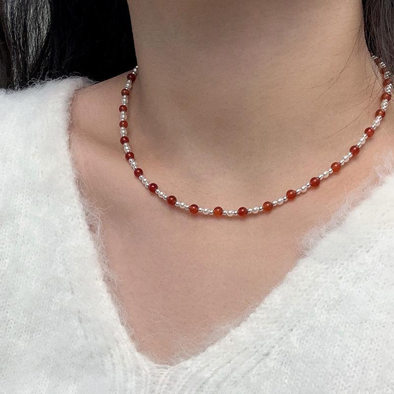 S925 Sterling Silver Red Agate & Imitation Pearl Layered Necklace for Women - Perfect for Christmas & New Year