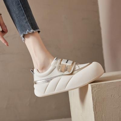 Velcro Bread Shoes Women's New Thick-soled Heightening Leather Ins Wavy Bottom Autumn Board Shoes