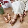 Johnature Genuine Leather Retro Women Shoes Handmade Round Toe Buckle Low Heel Comfortable Pumps