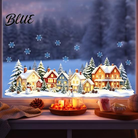 Holiday Glass Stickers Christmas Snow Village Static Window Cling Glowing Warm Scenery Sticker Reusable Party Decor for Glass Snowman House