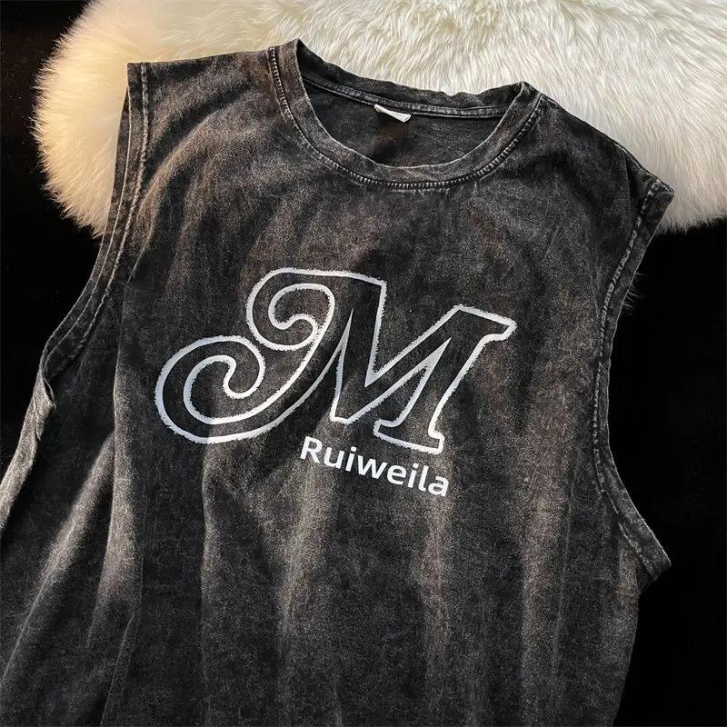 

Street Cycling Vest American Retro Sleeveless Trend High Street Washed Old Printed Men s Vest Loose Large Size 3XL