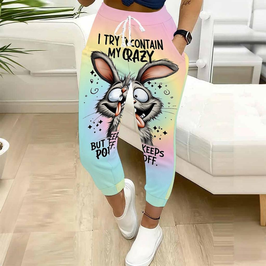 Sommer Damen Retro Print Jogginghose Lockerer Schnitt Kordelzug Jogger Elastischer Bund Tägliche Freizeit Hose
