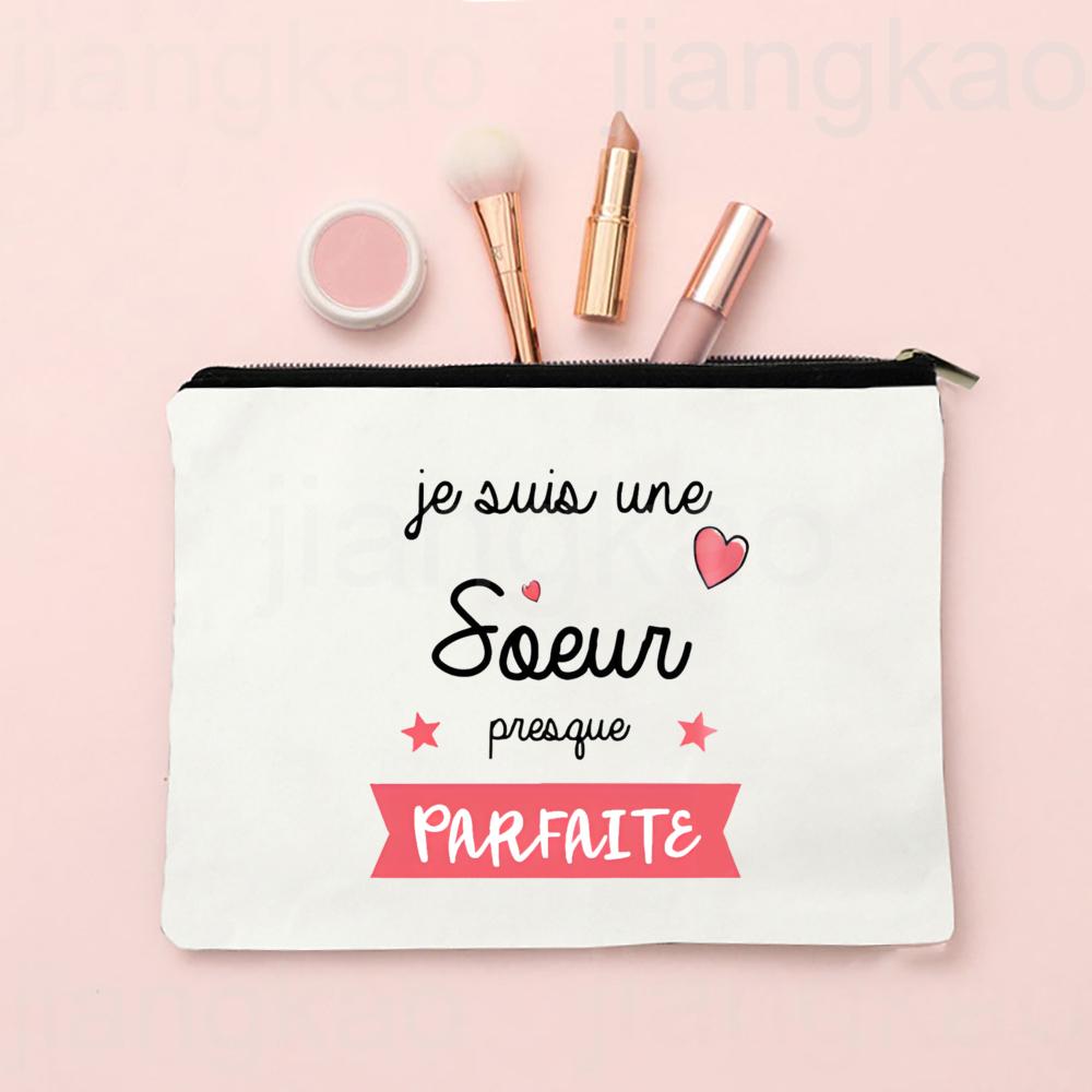 I Am an Almost Perfect Sister French Print Makeup Bag Zipper Cosmetic Case Travel Neceser Toiletry Storage Bags Gift for Sisters