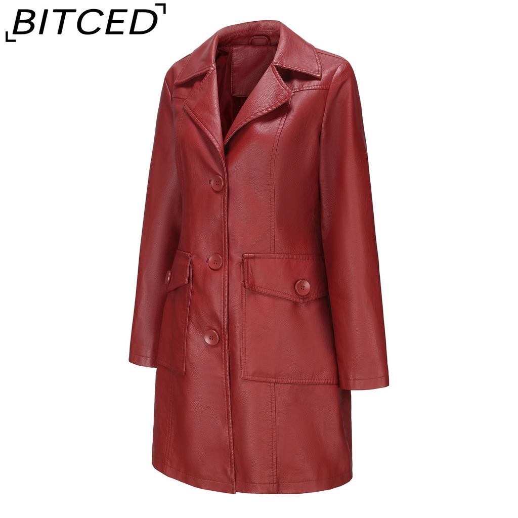 BITCED Long-Length Leather Coat Spring/Autumn Long-Sleeved Leather Trench Coat Stylish British-Style Outerwear Polo Neck Single-Breasted
