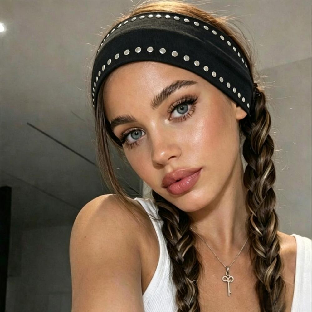 Double Row Sports Headband Wide Metal Stud Hair Wrap Trendy Elastic Hairband Running