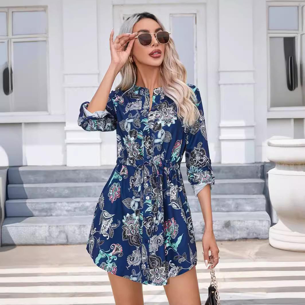 

GMXIA Женская мода осень-зима с цветочным принтом и длинным рукавом с v-образным вырезом и высокой талией повседневные платья XXL темно-синий