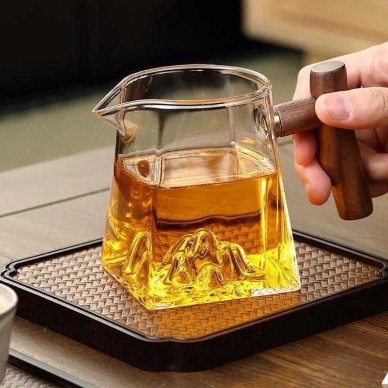 Heat Resisting Glass Tea Cup, Divider with Wood Handle, Teacups, Milk Coffee Pitcher, Creative Mountain Model, Chinese Teaware