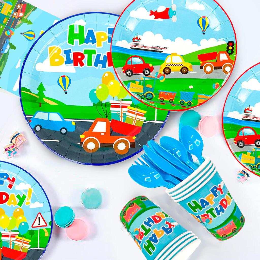 190pcs Transportation Birthday Party Supplies, Transportation Party Tableware Set-Banner Tablecloth Plates Napkin Etc