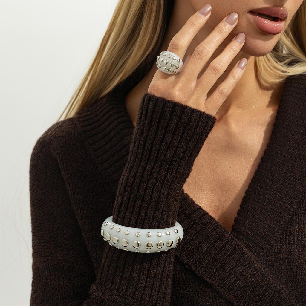 Salircon Punk Creative Rhinestone Rivet Chunky Bracelet Ring Set Women Vintage Stackable Wide Resin Bangles Grunge Jewelry Gift