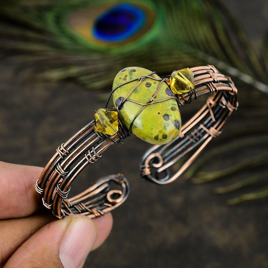 Natural Stichtite Stone Gemstone Copper Wire Wrap Cuff Bangle Adjustable P9u43